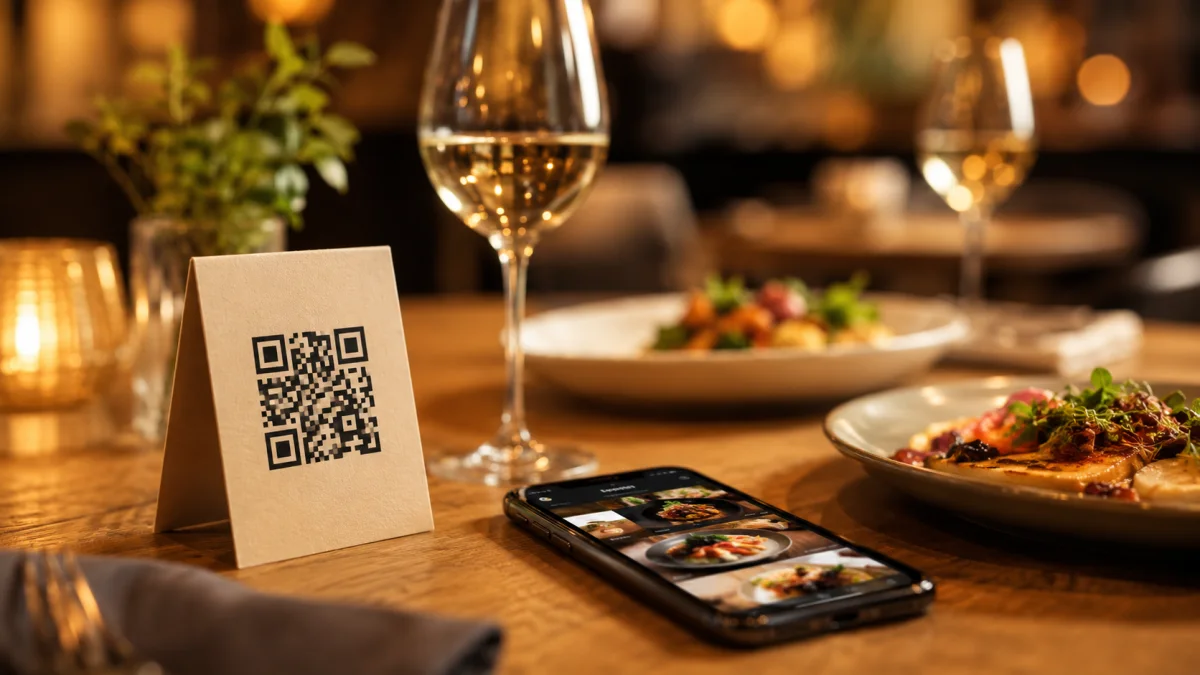 QR code menu on a restaurant table with smartphone